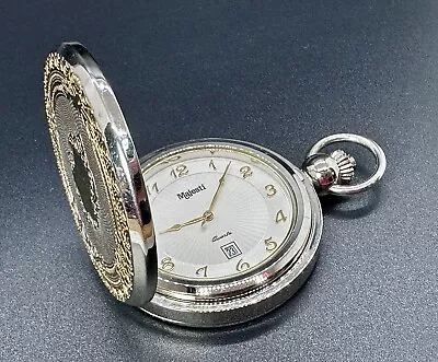 Working Swiss MAJESTI Embossed Gold & Silver Tone Hunter Pocket Watch Y2 • $22.50