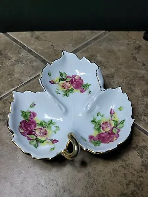 Ucagco Porcelain 3 Part Leaf Shape Candy Dish W Roses & 22k Gold Made In Japan  • $20