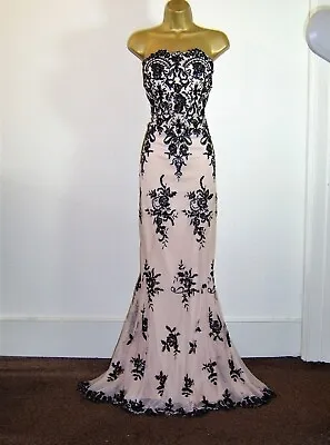 Quiz Sequin Nude Black Embroidered Evening Party Prom Wedding Maxi Dress Size 8 • £38.99