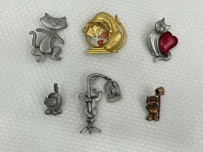 $29.99 • Buy JJ Jonette Cat Brooch Pin Lot Of 6 Kitten Swinging Enamel Pewter Signed Vintage