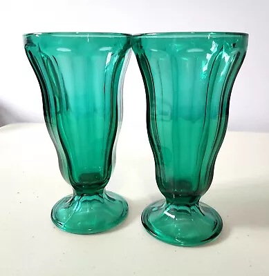 Two Vintage Forest Green Anchor Hocking Tall Sundae Parfait Glasses  • $12