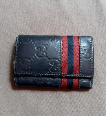 Authentic Vintage GUCCI Dark Blue Monogram Leather Key Holder Red & Blue Stripe  • $99.95