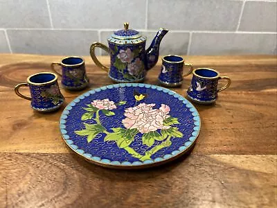 Vintage Cloisonné Brass & Enamel Chinese Miniature Tea Set Cobalt Blue • $45