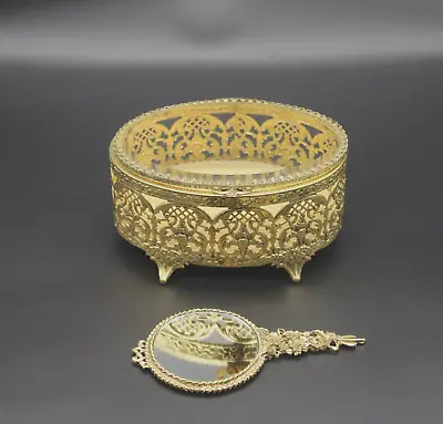 VTG Filigree Gold Tone Footed Jewelry Trinket Box Casket Beveled Glass & Mirror • $37.99