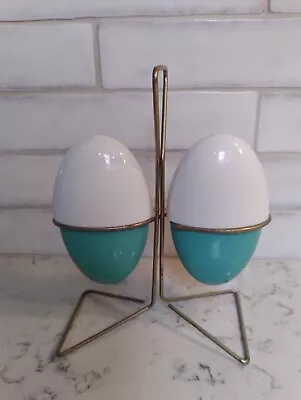 $30 • Buy Vacron Bopp-Decker White & Turquoise Salt & Pepper Shakers W/Wire Stand