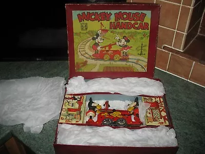 LOVELY BOXED WELLS MICKEY & MINNIE MOUSE HANDCAR 1930's TINPLATE WINDUP TIN TOY • $839.26