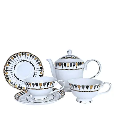 5 Pc Teaware Set By Graces Teaware Vibrant Gold Black & Gray Droplets W/Gift Box • $46