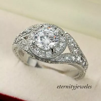 2CT Round Cut Lab-Created Vintage Art Deco Halo Diamond Ring 14K White Gold Over • $145.34