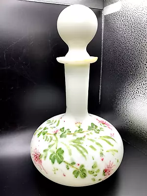 Antique Milk Glass Vanity Bottle With Stopper Decanter Hand Painted Floral • $21.95