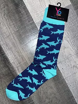 Yo Sox Black Blue Sharks Fish Novelty Design Crew Socks Mens Large • $9.39