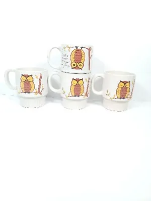 Vintage Owl Stacking Coffee Cups Mugs Yellow And Brown MCM Japan Set Of 4 • $22.49