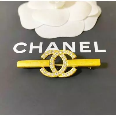 Chanel Authentic Brooch Pins Logo Rhinestone Gold Plated Stone Size 4.8x 1.7cm • $282.89