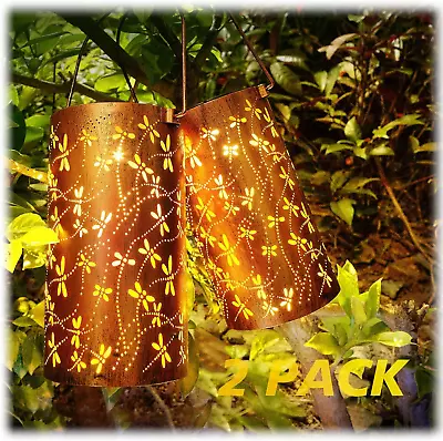 2 Pcs Solar Lanterns Outdoor Hanging Metal LED Dragonfly Hanging Lantern Lights • $39.58