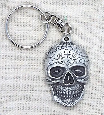 Calavera Sugar Skull Pewter Keyring (Voodoo Mexican Day Of The Dead Keychain) • £6.65