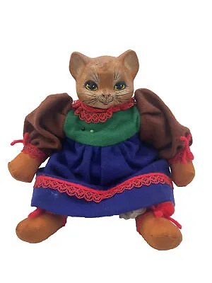 Vintage 80s Handmade Babushka Cat Kitty In Dress 12 L Sack Plush Doll • $18