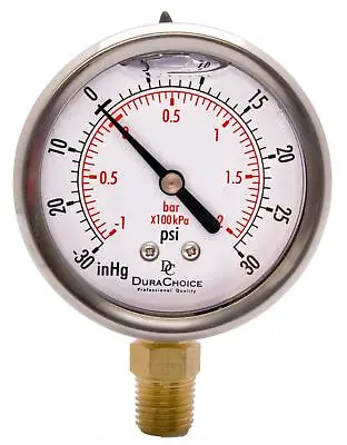$13.04 • Buy 2-1/2  Vacuum Pressure Gauge  - S.S. Case, 1/4 NPT, Lower Mnt. -30HG/30PSI