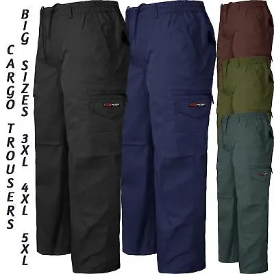 Mens Premium Elasticated Cargo Trousers Pants Zip Pocket Plus Size Work Cotton • £16.99