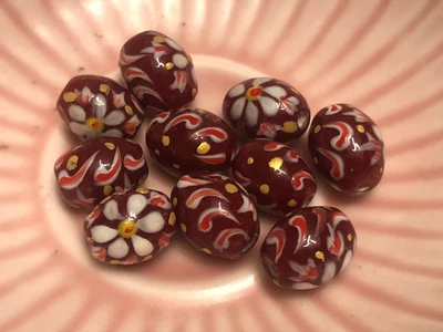 £13 • Buy Hand Painted Glass Floral Oval Beads Red 20 Pcs