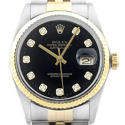 Rolex Mens Datejust 16013 18K Gold Steel Black Diamond Dial Watch W/ Rolex Band • $5795