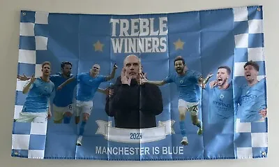 MANCHESTER CITY TREBLE WINNERS 2023 FOOTBALL SUPPORT FLAG  5x3 FT FREE 48HR POST • £11.99