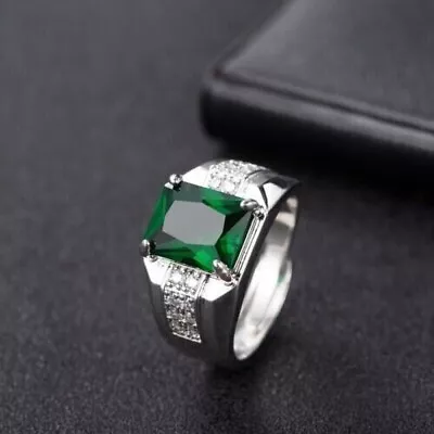 Men's Wedding Ring 3CT Emerald Lab Created Emerald Diamond 14k White Gold Plated • $122.49