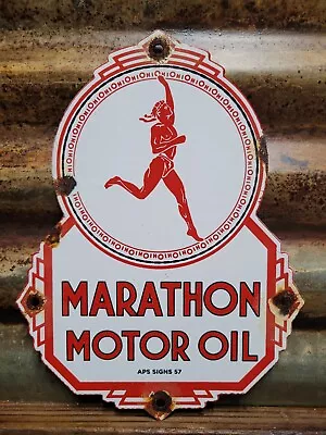 Old Marathon Motor Oil Vintage Porcelain Sign 1957 Service Station Lubricant Co. • $172.61