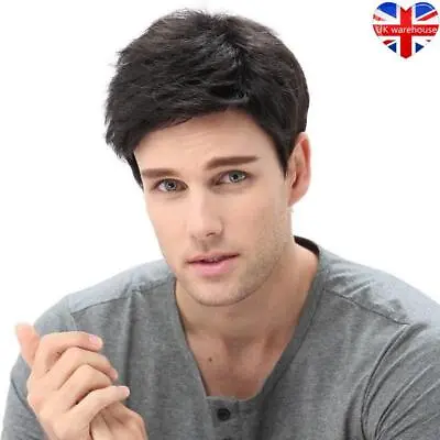 Handsome Men Short Wavy Wig Natural Black Cosplay Party Layered Full Hair Wigs • £10.04