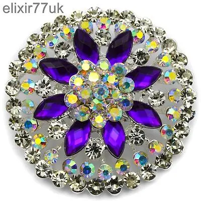 New Large Silver Flower Brooch Purple Diamante Crystal Wedding Bridal Broach  Uk • £6.64