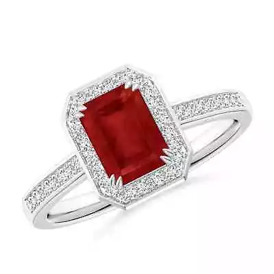 ANGARA Emerald-Cut Ruby Engagement Ring With Diamond Halo For Women In 14K Gold • $1838.32