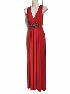 Eci New York Maxi Dress Size 14  Red Jersey Beaded Waist Vneck Sleeveless • $15