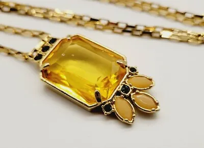 Vintage Citrine Rhinestone Pendant Necklace Gold Tone Chain Link 31  • $21.60