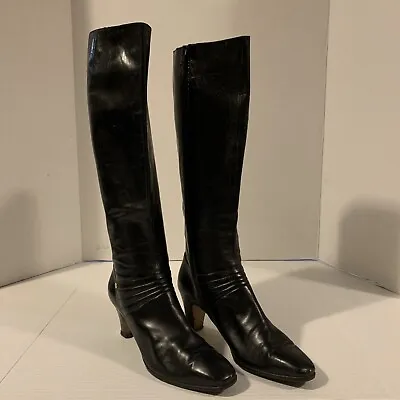 Vintage 90's Salvatore Ferragamo Carla Tall Boots Heel Black Leather Size 8.5 AA • $75