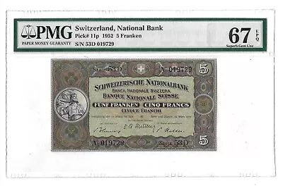 67 EPQ Superb PMG 5 Francs 1952 Switzerland Banknote # 11p • $9.50