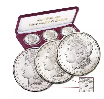 Morgan Silver Dollar Set- 3 UC MS-60 Coins-1880-1881-1882 All S Mint- W/Case • $310