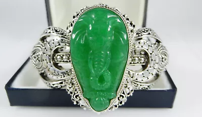 Vintage Large Sarda Carved Jade Elephant Sterling Silver Kick Cuff Bracelet Sz 7 • $367