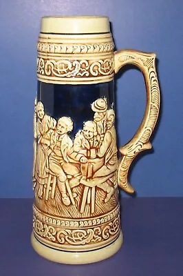 Vintage Tall Japan Ceramic Beer Stein Mug German Tavern Scene 12 1/2  Cobalt • $19.99