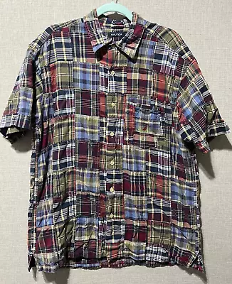 Vintage Nautica Madras Plaid Patchwork Cotton Short Sleeve Shirt Size Large • $29