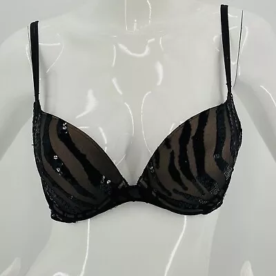 Victorias Secret Very Sexy Bra Sz 34C Black Sequin Tiger Stripe • $26.95