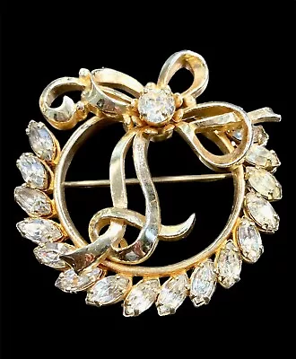 Vintage McClelland Barclay Clear Rhinestone Gold Tone Wreath Style Brooch • $24.99