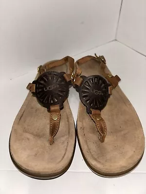 UGG Thong Sandals Womens Sz 7 Ayden Ll Brown Leather Cork Slingback Flip Flop * • $25