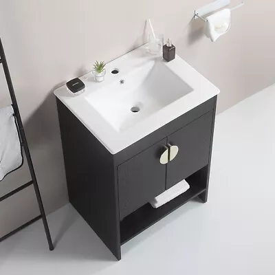 Bathroom Vanity24 White Ceramic Basin Black Zinc Alloy Handlesstorage Cabinet • $362.33