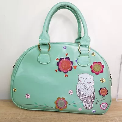 Vendula London Faux Leather Handbag Light Green Owl Bowling Bag Retro  • £23.99