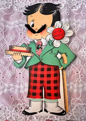 Vintage Valentine 1940s Hi Toots 11.5  Norcross Large Die Cut Card Fur Mustache • $40.50