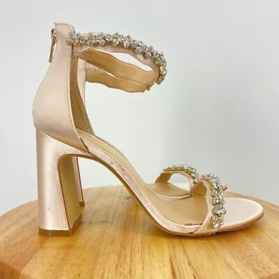 Badgley Mishka Odessa Crystal Adorned Block Heel Satin Evening Shoes Embellished • £77.84