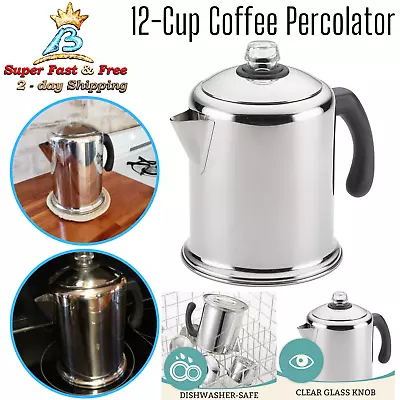 Classic Stainless Steel 12 Cups Coffee Brewer Tea Pot Percolator Indoor Stovetop • $71.42