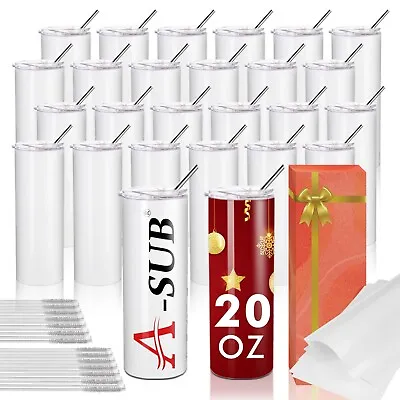 6-10-30 Pk A-SUB Sublimation Tumblers Blank 20 Oz Skinny Straight Stainless Bulk • £54.14