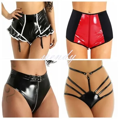 Women's Leather Panties Briefs Underwear Garters Latex Zip Crotch Shorts Knicker • £10.79