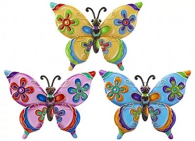 3 X Colourful Butterfly Metal Garden Wall Hanging Fence Ornament Decoration 17cm • £8.99