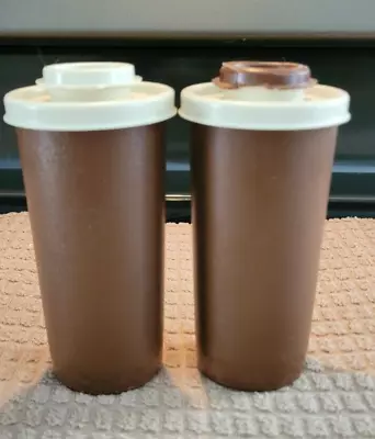 Vintage Tupperware 1329 Salt And Pepper Shakers Brown With Almond Flip Top Lids • $12