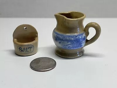 Vintage Yellow Ware Pottery Miniature Dollhouse Pitcher & Salt Box Handcrafted • $24.99